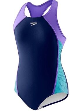 Speedo Girls Mesh Thick Strap Swimsuit Navy Breathable side panels wide straps